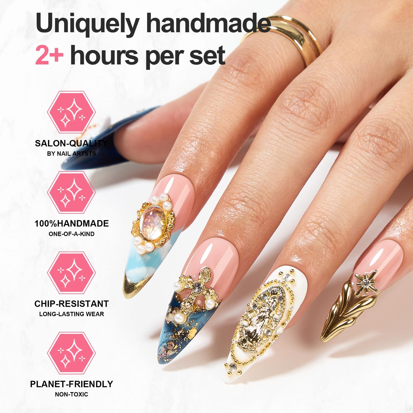 Homsera 3D Angel Press on Nails - Luxury Long Stiletto False Nails Handcrafted with Divine Artisan Design for Special Events & Galas