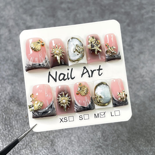 Handmade Press on Nails Short Duck Homemade Press On Nails French Tip with 3D Design Fake Nail Art for Women M