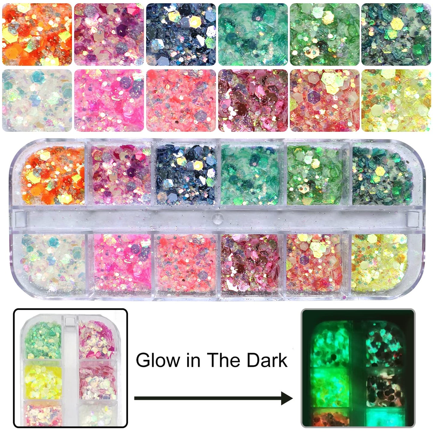 AddFavor 4 Boxes Nail Glitter Luminous Mermaid Chunky Glitter Flakes Fluorescent Mixed Shaped Flower Heart Star Nail Sequins Decals for Nail Art/False Eyelash Decor