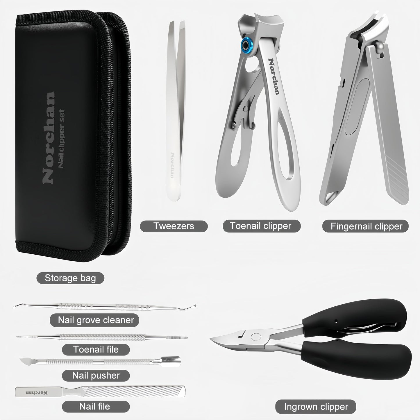 NORCHAN Nail Clippers Kit, 8-Piece Stainless Steel Toenail & Fingernail Clipper with Nail File & Cleaner, Precision Sharp Blade for Easy Clean Cut, Ideal for Men, Women, Seniors, Gift Pack