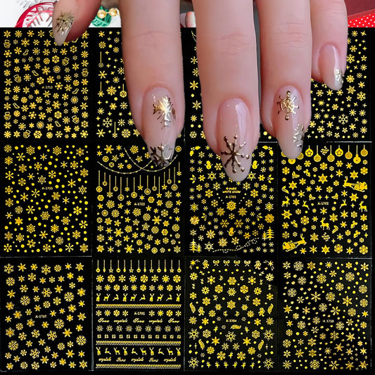 Gold Snowflake Nail Art Stickers Gold Christmas Nail Decals 3D Self-Adhesive Golden Metal Snowflake Design Nail Supplies for Women Christmas Nail Decorations