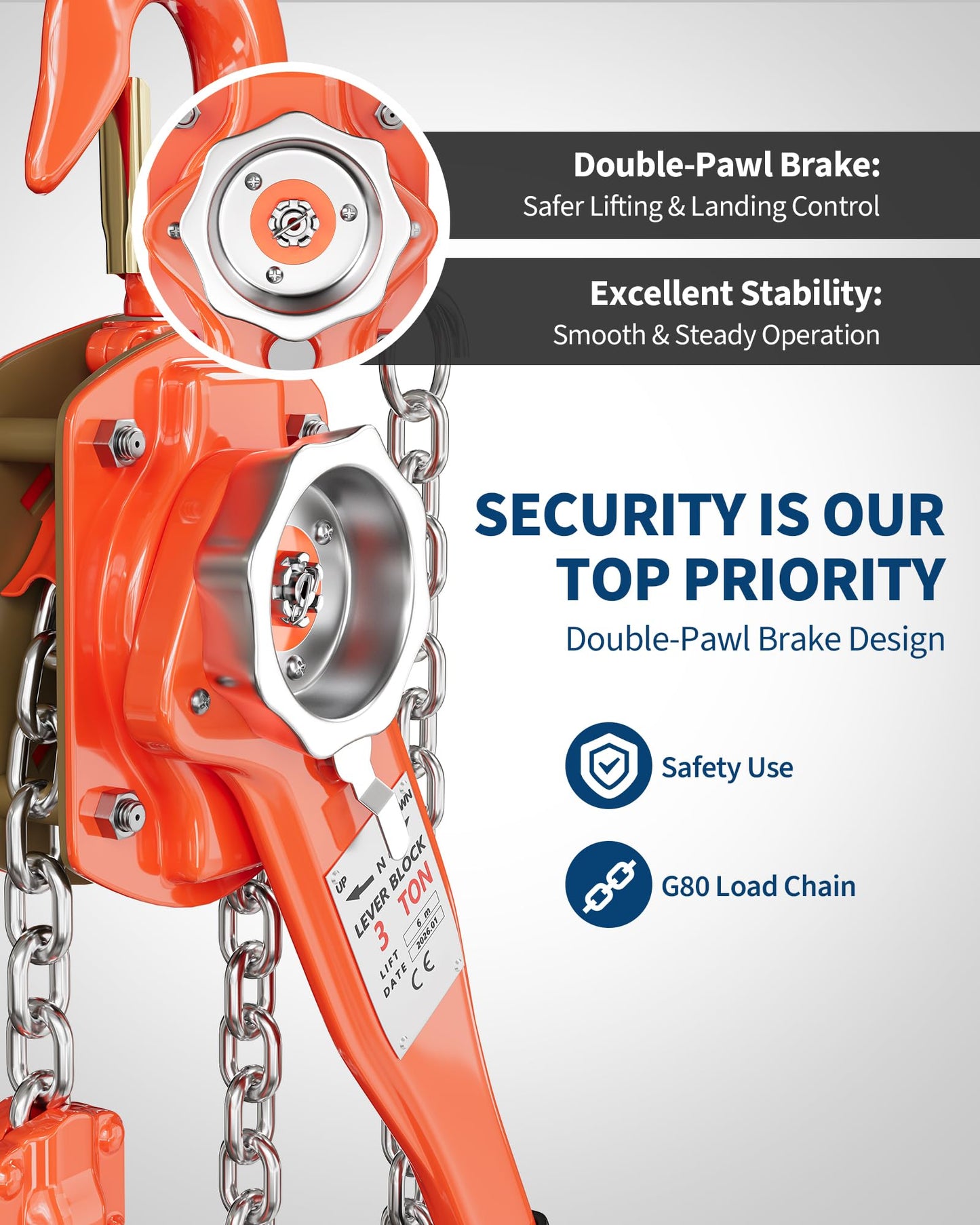 Manual Lever Chain Hoist 3 Ton 6600 lbs Capacity, 20FT Come Along with G80 Galvanized Steel Chain, Weston Double Pawl Safety Brake, 360° Swivel Hook for Garage, Factory, Dock, Construction