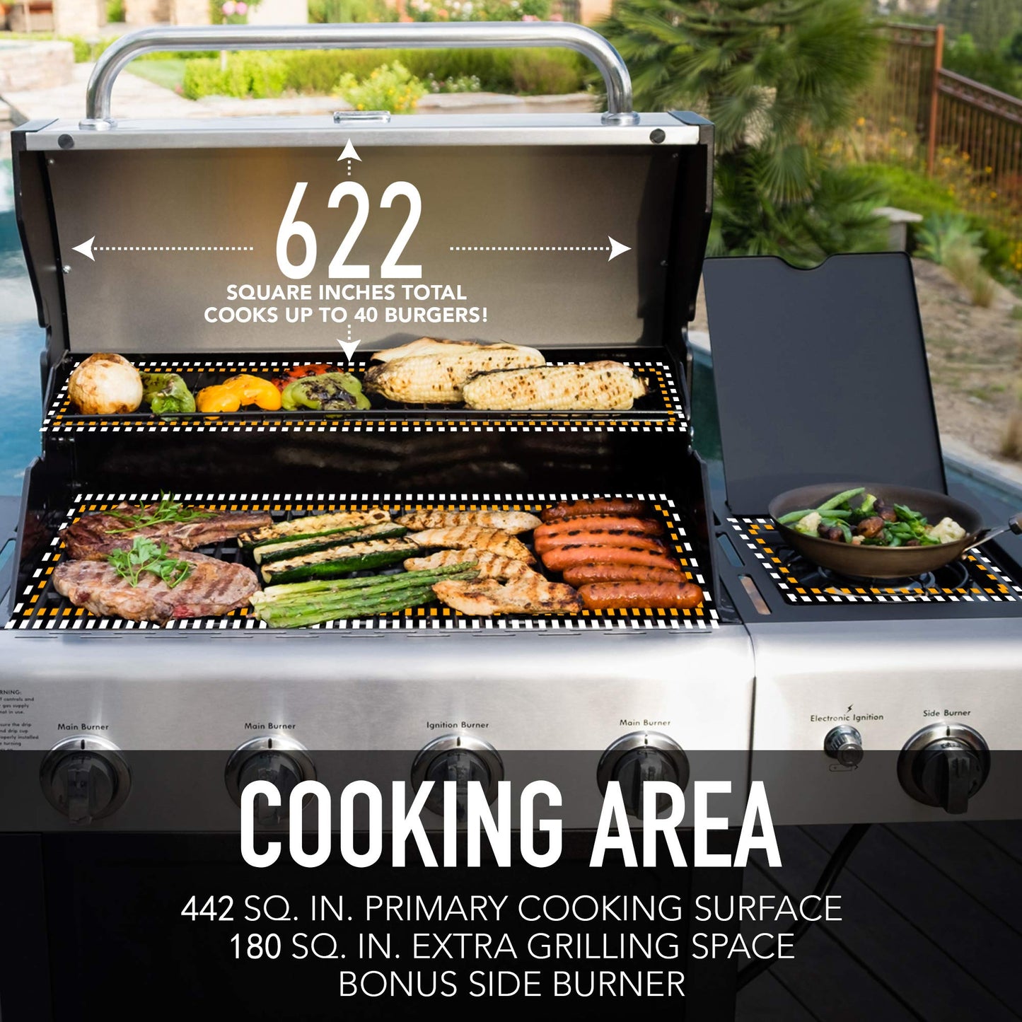 Kenmore 4-Burner Gas Grill with Side Burner, Outdoor BBQ Grill, Propane Gas Grill, Cast Iron Cooking Grates, Electronic Ignition, Warming Rack, Open Cart Design, 53000 BTUs, Stainless Steel and Black