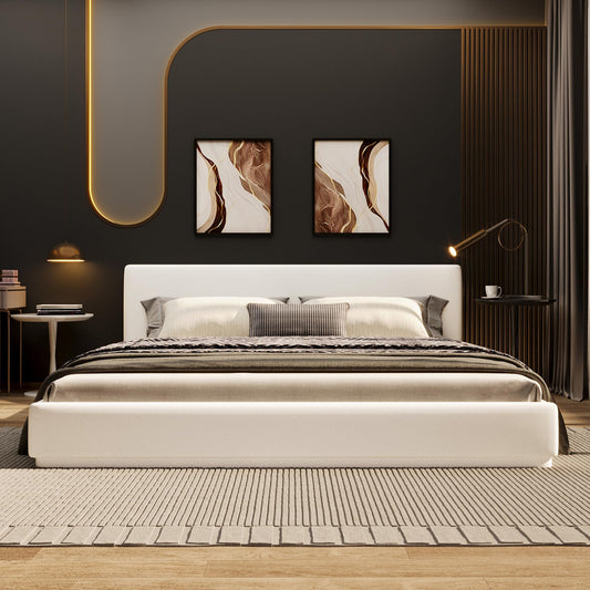 Merax Modern Queen Upholstered Bed Frame with Wingback, Soft Velvet Low Platform Bed, No Box Spring Needed, Easy Assemble, White