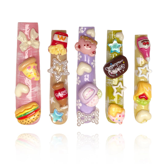 GGddsha 2025 Pastel Kawaii Food Deco Press-On Nails Handmade PMMA Acrylic Reusable Tips w/Box Gifts for Girls (Candy Vibes, M)