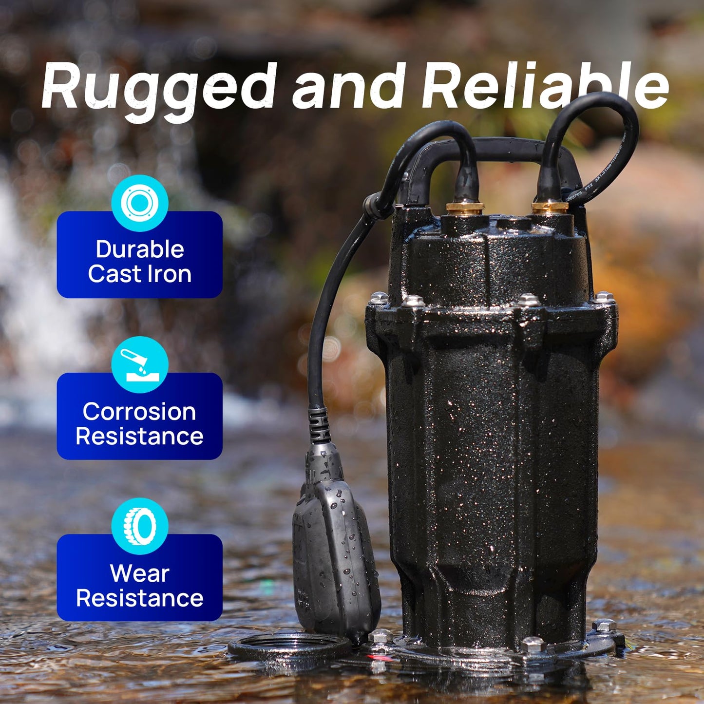 Aquastrong 1 HP Sewage Grinder Pump, 220V 4200 GPH Sewage Pump 2 inch Discharge with Auto Float Switch for Basement Sump Basin and Sewage Well