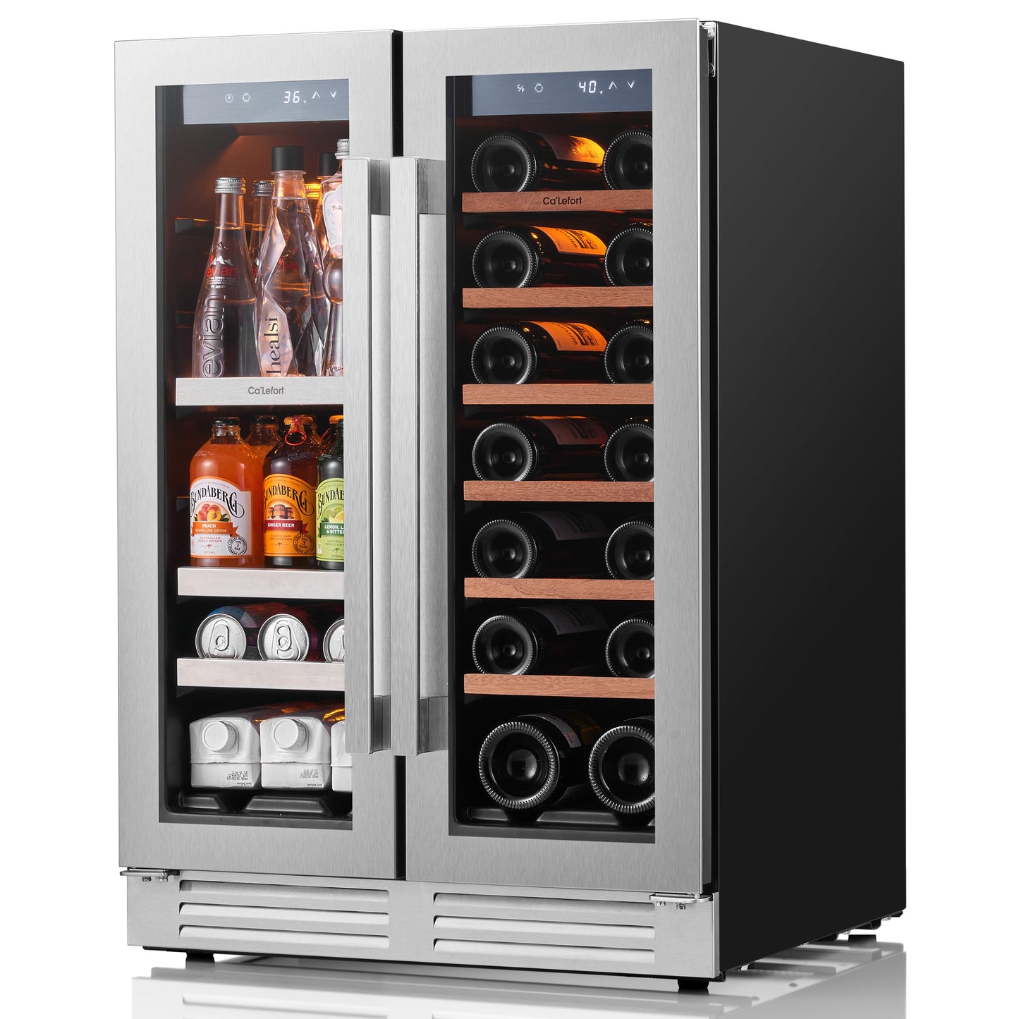 Ca'Lefort 24 Inch Wine and Beverage Refrigerator, 60 Cans 20 Bottles Dual Zone Cooler with Glass Door, 3 LED Built-in Compressor Fridge with Adjustable Shelves for Home Office Bar (4.1 cu.ft)