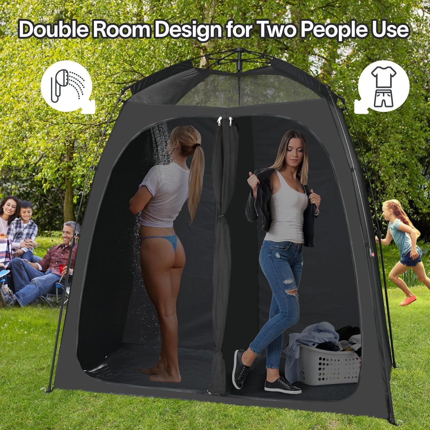 EighteenTek® Upgraded Shower Tents with Hub, Camping Privacy Tent, 2-Room Privacy Shelter with Floor & Dual Doors, Portable Camping Toilet & Changing Tent, 83" x 47" x 77.6"H