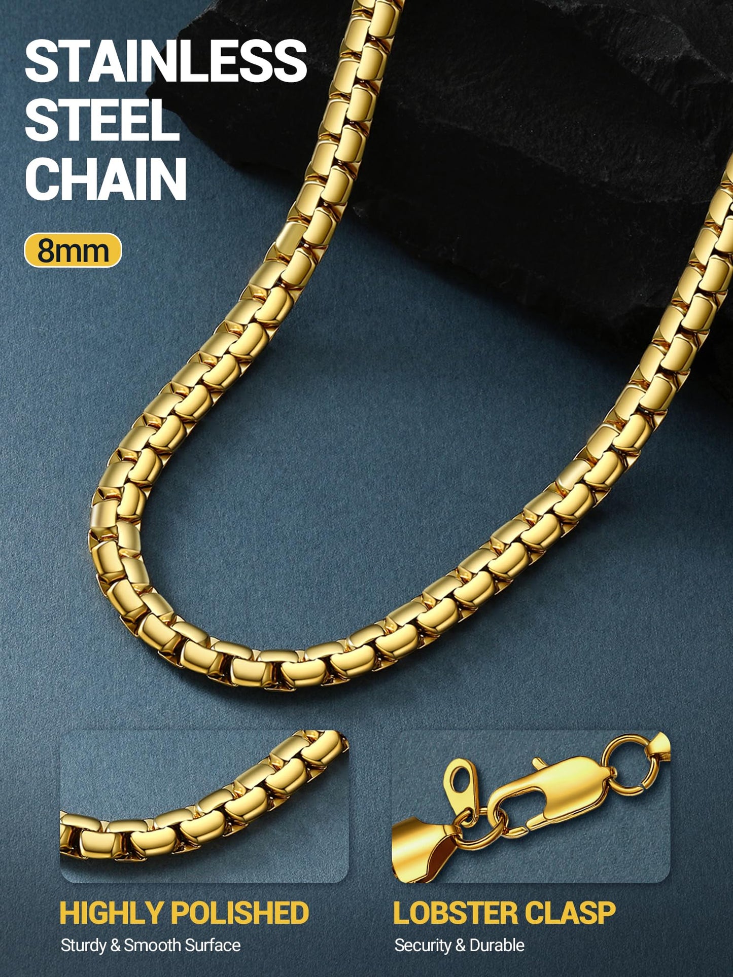 PROSTEEL Chunky Gold Chain 8mm Tarnish-Resistant Women Choker Chunky Flat Box Necklace Hip Pop Mens Jewelry