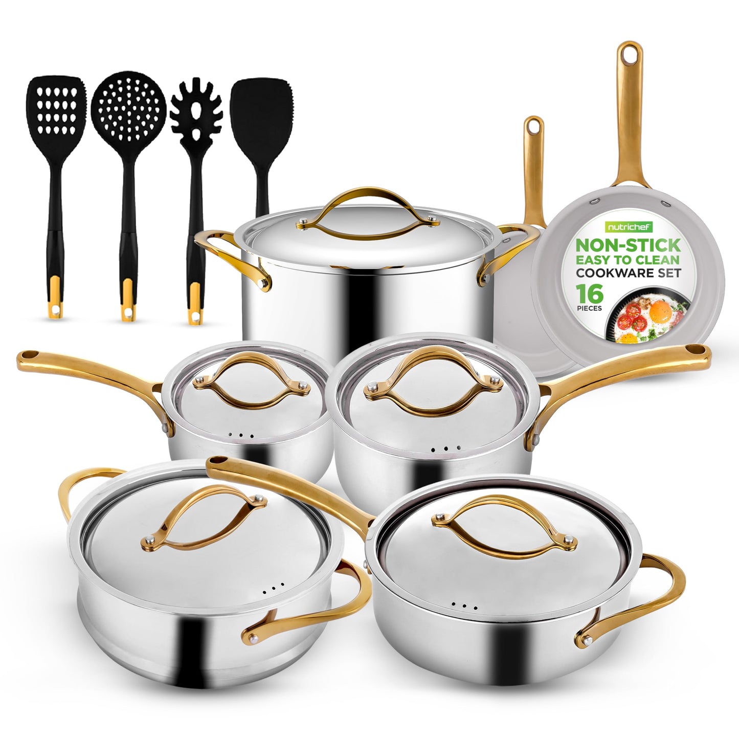 NutriChef 16 Piece Stainless Steel Cookware Set, Induction Cookware with Golden Handles - Non Stick Pots and Pans Set with lids and Utensils - PFOA/PFOS Free, Oven Safe, & Easy to Clean