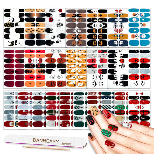 Nail Polish Strips Halloween Christmas Style, DANNEASY 24 Sheets Adhesive Nail Polish Stickers Nail Wraps for Women 1Pc Nail File, Cuticle Stick