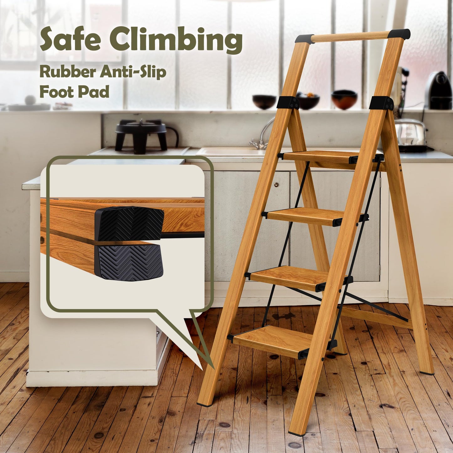 Taranta 4 Step Ladder, Portable Folding Ladder with Wide Pedal, Lightweight Aluminum Step Stool with Convenient Handgrip, 330 lbs Capacity Stepladder for Home, Office - Woodgrain