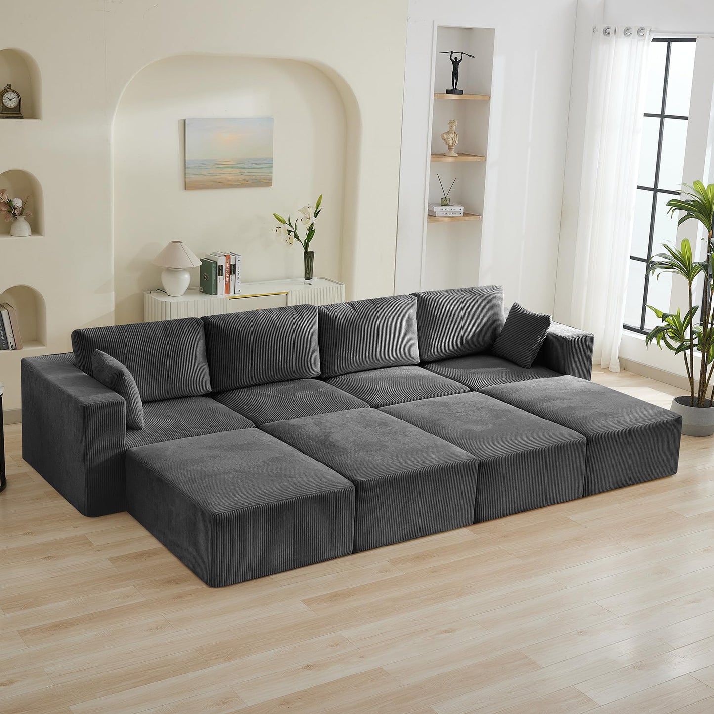 WUTUTUEE 146'' Oversized Boneless Sofa Bed, 4 Seater Modular Sectional Couch with 4 Moveable Ottoman, No Asswmbly Corduroy Compression Sofas with Chaise for Home House, Grey
