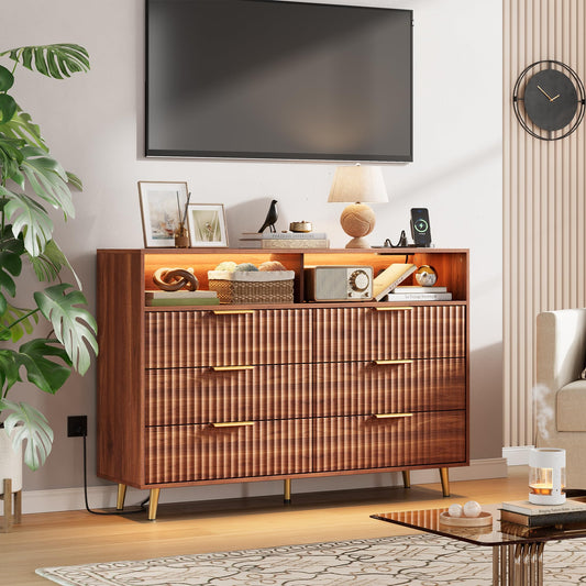 Garvee 53.9" Wide Luxury 6 Drawers Dresser with LED Lights & Charging Station, Curved Fluted Wood Chest of Drawers with Gold Handles, Modern Storage Cabinet for Bedroom Living Room, Walnut