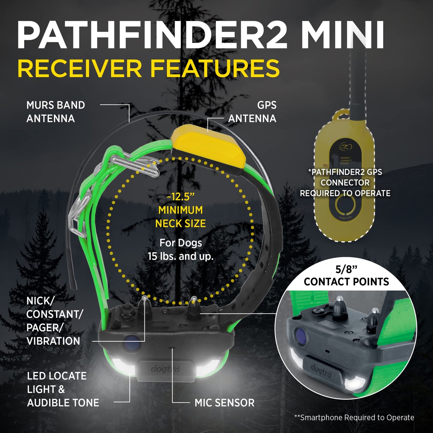 Dogtra PATHFINDER 2 MINI Additional Receiver Dog GPS Tracker e Collar Green LED Light No monthly fees Free App Waterproof Smartwatch control Satellite Real Time tracking long range Smartphone required