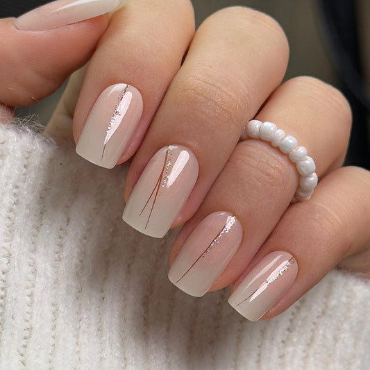 CurvLife Soft Gel Press On Nails – Reusable False Natural Fit Fake Nails Tips Stick Ons, Salon Quality UV Finish (Nude Nails with Glitter Lines, Medium)