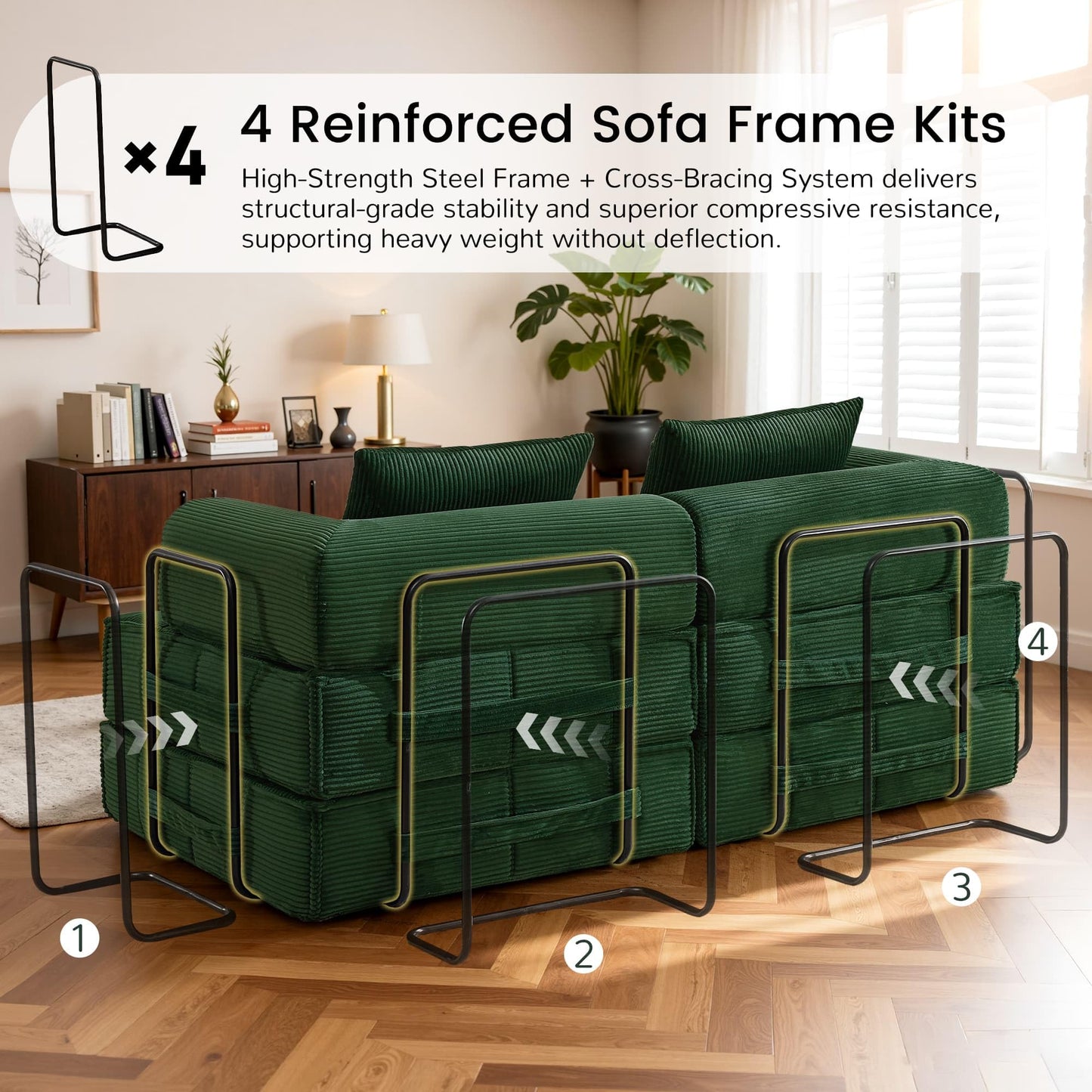Korser 6-in-1 Convertible Sleeper Sofa Bed, Corduroy Folding Mattress Couch with Fixed-Shape Frame, Modular Foldable Boneless Couch, Loveseat Couches with 2 Pillows, for Living Room, Bedroom, Green