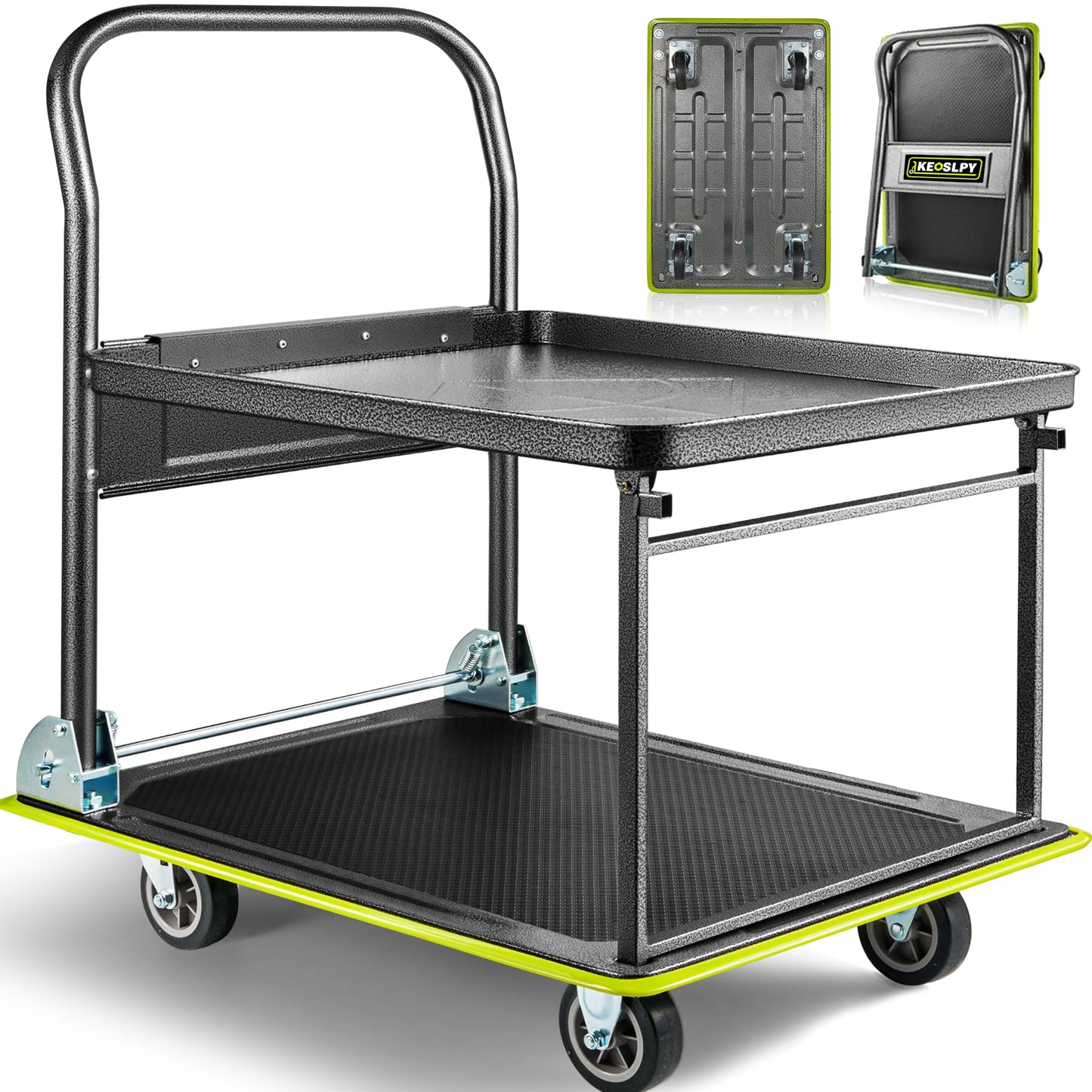Keoslpy Upgraded Push Cart Dolly, 700lbs Foldable Platform Cart with Wheels, 2 Tier Heavy Duty Platform Truck, Moving Flatbed Cart for Warehouse, Garage, Workshop, Office 28.75" x 18.5" x 34"