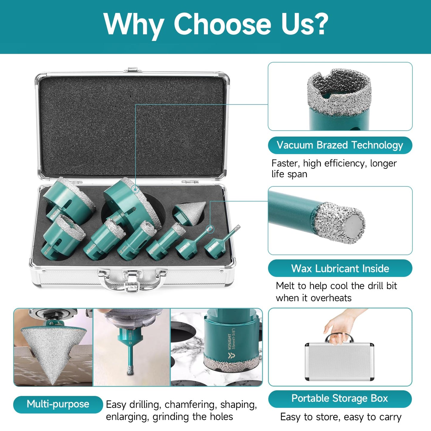 9Pcs Diamond Core Drill Bits Set - 8Pcs 6/6/20/25/35/50/75/100mm Drill Bits & 1Pc 50mm Chamfer Bit, Deep Green Hole Saw Set with Storage Box - for Tile Granite Marble
