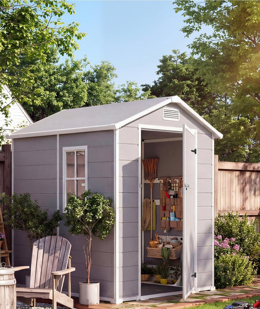 4x6 ft Outdoor Resin Storage Shed with Floor, Lockable Door & Window, Sloping Roof, Plastic Outdoor Sheds with Floor Garden Shed for Backyard Patio Lawn Mower Bike Tool Storage