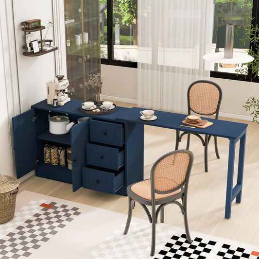 Merax Modern Wood Buffet Storgae Cabinet with Extendable Table, Buffet Coffee Bar Sideboard w/ 2 Doors and 3 Drawers for Living Room Dinning Room Kitchen Navy Blue
