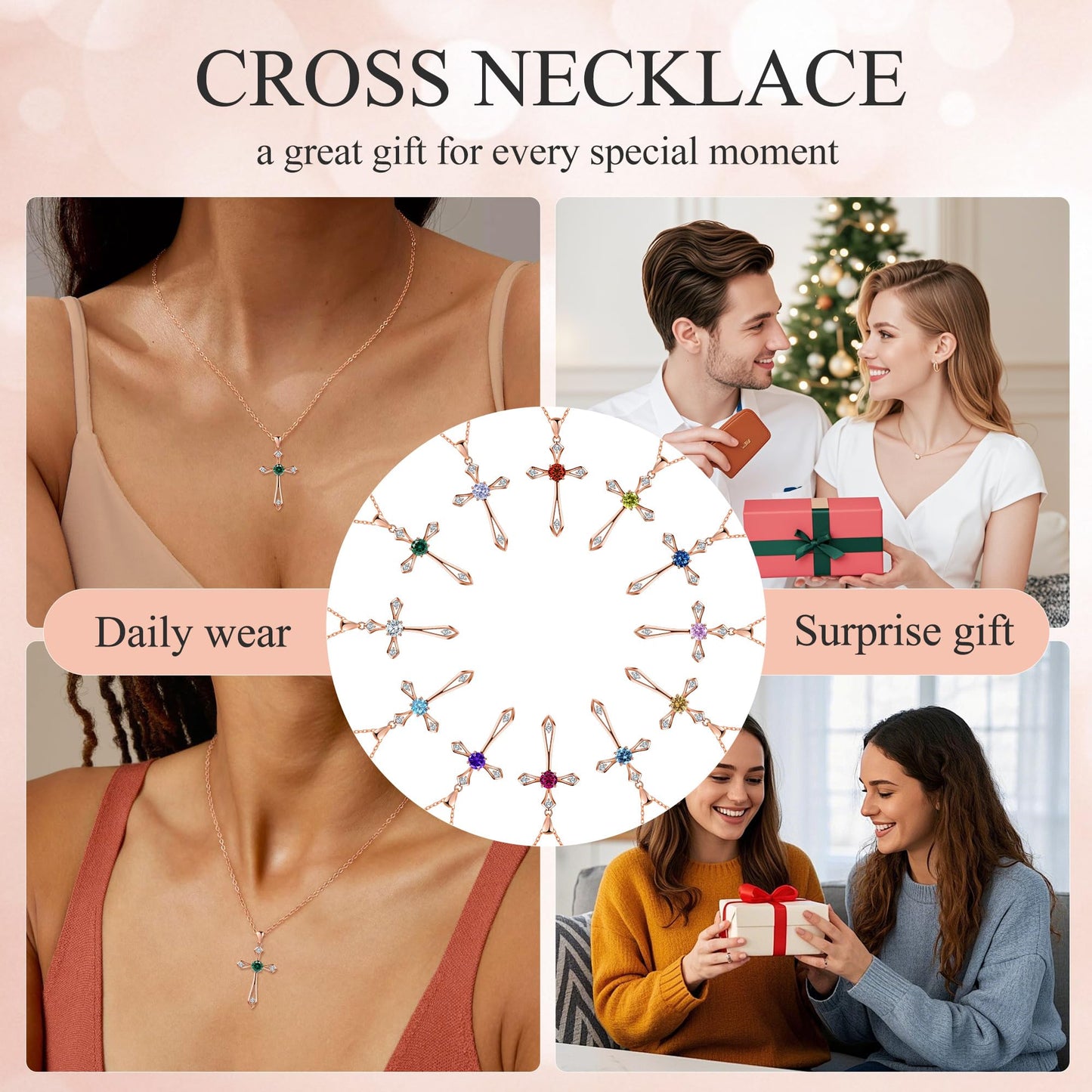 QUALISE Cross Necklace for Women,925 Sterling Silver Birthstone Necklace,Emerald-May Birthstone Cross Necklace, Faith Religious Fine Jewelry Valentines Day Gifts Birthday Holiday Gifts for Her
