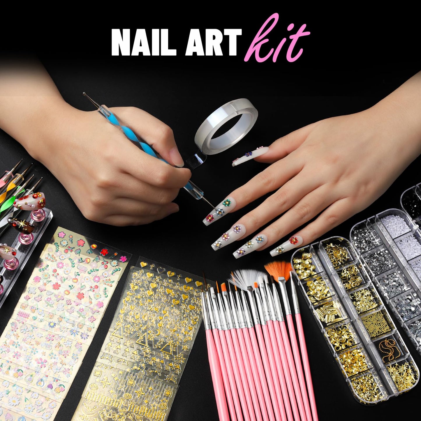FANDAMEI Nail Art Brushes, Nail Art Kit with Nail Art Brush, Dotting Tools, Nail Rhinestones Pearls, Nail Charms and Gems, Nail Stickers for Women Decals, Nail Stand for Press on, Nail Design Kits
