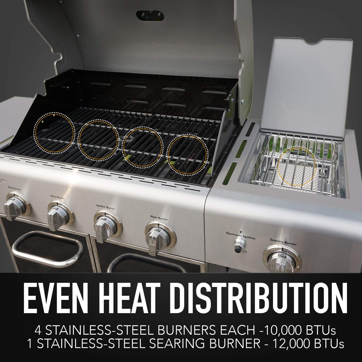 Kenmore 4-Burner BBQ Gas Grill with Searing Side Burner, Propane Grill, 52,000 BTUs, Warming Rack, Electronic Ignition & Cast Iron Cooking Grates, Black/Stainless Steel