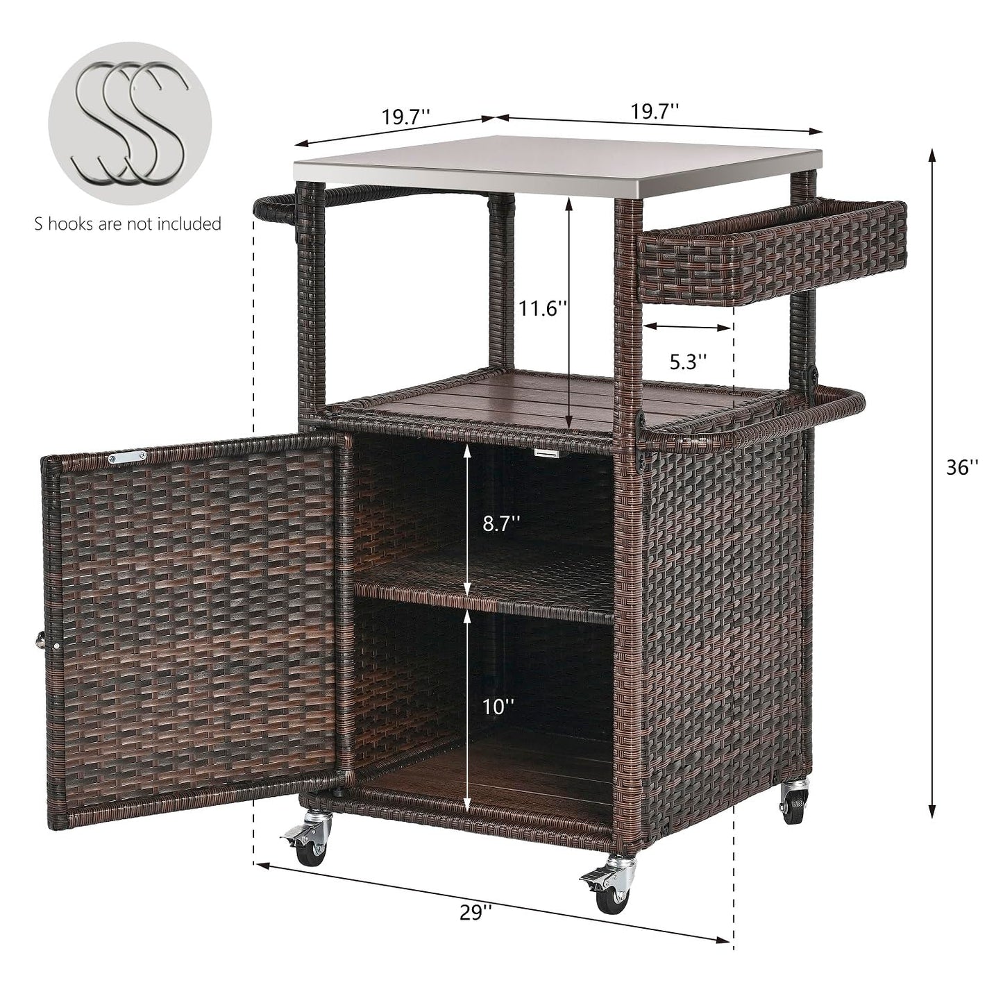 Grill Cart Outdoor with Wheels Outdoor Prep Table Grill Station with Storage Outdoor Kitchen Island Serving Cart with Stainless Steel Table Top BBQ Storage Cabinet for Outside Wicker Bar Cart Brown