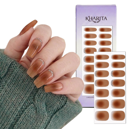 KHARITA Semi Cured Gel Nail Strips – Real Gel Nail Polish UV Wraps for Brittle Nails | Waterproof Long Lasting Easy Peel-Off Removal | Hema-Free | Ombre Brown Salon Sticker Kit with File & Stick