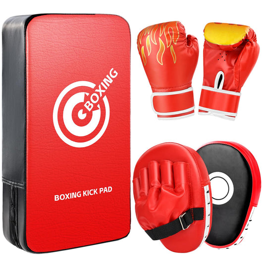 3-in-1 Boxing Gloves Punching Mitts Kick Pack Set for Kids, Curved Boxing Mitts Focus Pads, Adjustable Taekwondo Kick Pad, Gloves for Kicking Karate Kickboxing Muay Thai MMA Training