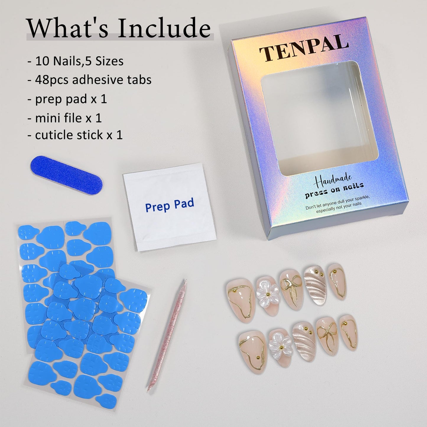 TENPAL 10Pcs Short Almond Oval Press On Nails With Tools,Nude Pink Fake Nails with 3D Flowers & Cat Eye Designs,Glitter Gold Edge Glue on Nails, Glossy Handmade Acrylic False Nails for Daily Party(XS)