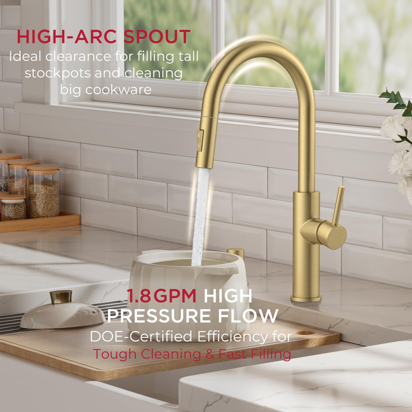 FORIOUS Kitchen Faucet with Soap Dispenser, Modern Brushed Gold, Single Handle High Arc Stainless Steel Kitchen Sink Faucet with Pull Down Sprayer, 1 or 3 Hole Deck Mount for RV, Laundry, Outdoor