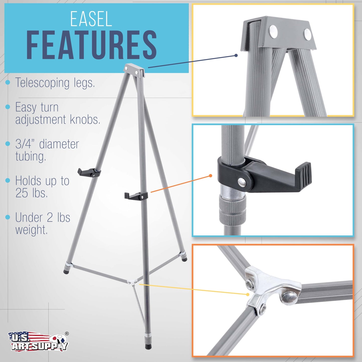 U.S. Art Supply 66" High Gallery Silver Metal Display Easel (10 Pack) - Large Adjustable Height Portable Easel Stand, Sign Display, Holds 25 lbs - Floor & Tabletop Easels, Painting Stand