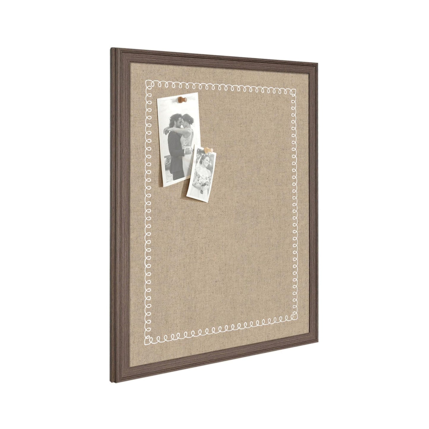 Kate and Laurel Framed Fabric Pinboard 18 x 42, White Scalloped Edge Printed Linen Classic Bulletin Board for Use as a Vision Board or Wall Organization, Florence Medium Brown Frame