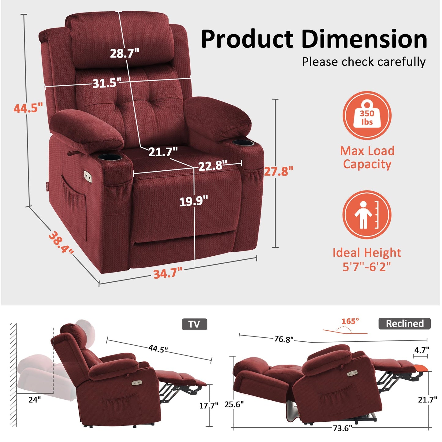 MCombo Large Triple Motor Power Lift Recliner Chair with Massage and Heat for Elderly People, Adjustable Headrest, Infinite Position, USB Ports, Fabric 7662 (Burgundy, Large)