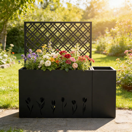 Pasirou 2-Piece Metal Planter Box with Trellis- 23.6in Depth Raised Garden Bed for Outdoor Indoor Use, Galvanized Steel Flower Planter with Drainage Holes
