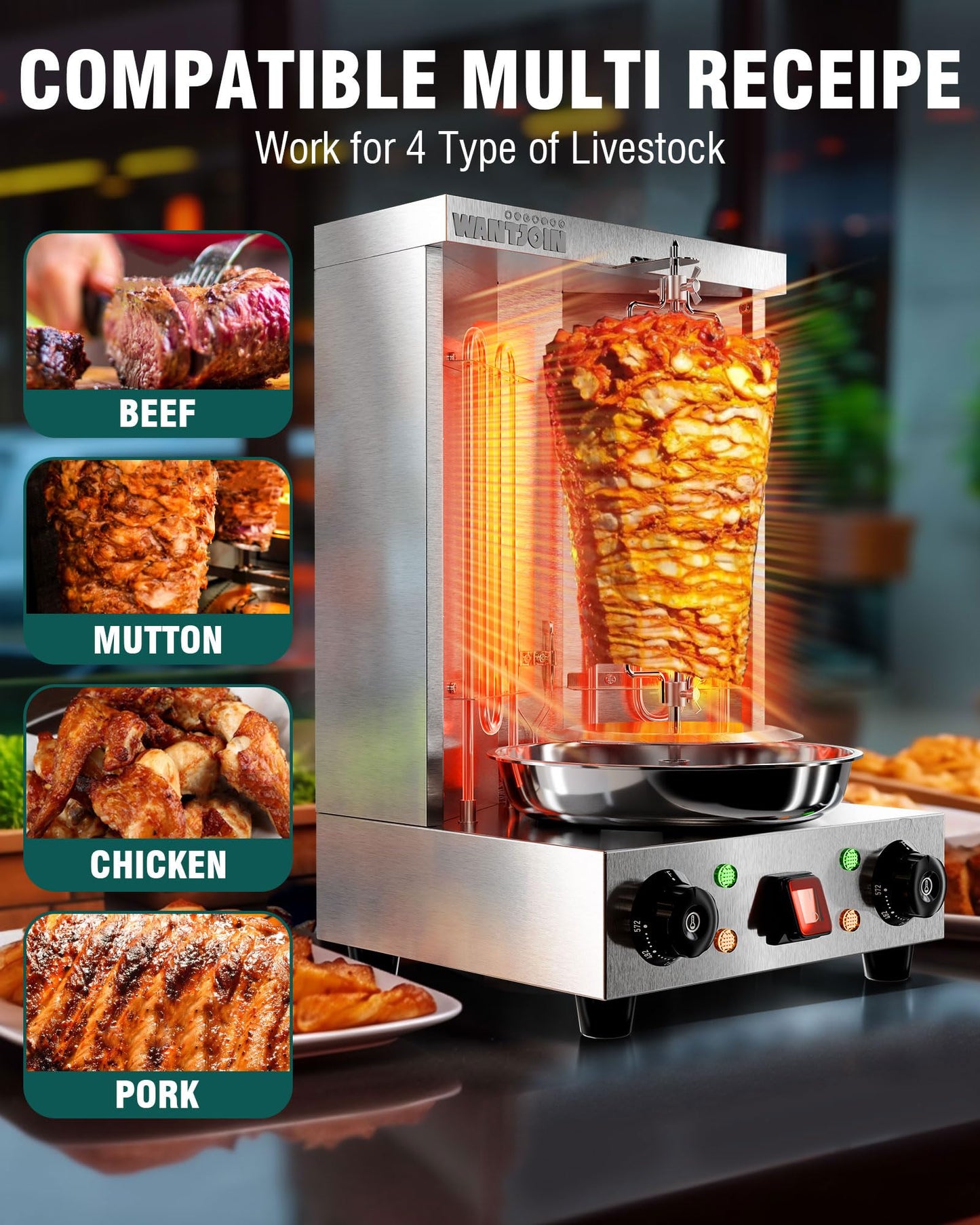 WantJoin Shawarma Grill Machine - 22 lbs Electric Vertical Rotisserie with 2 Burners and Shovel for Home, Stainless Steel Rotating Doner Kebab 122°F to 572°F Temp For Chicken, Beef, Gyro Meat, 2520W