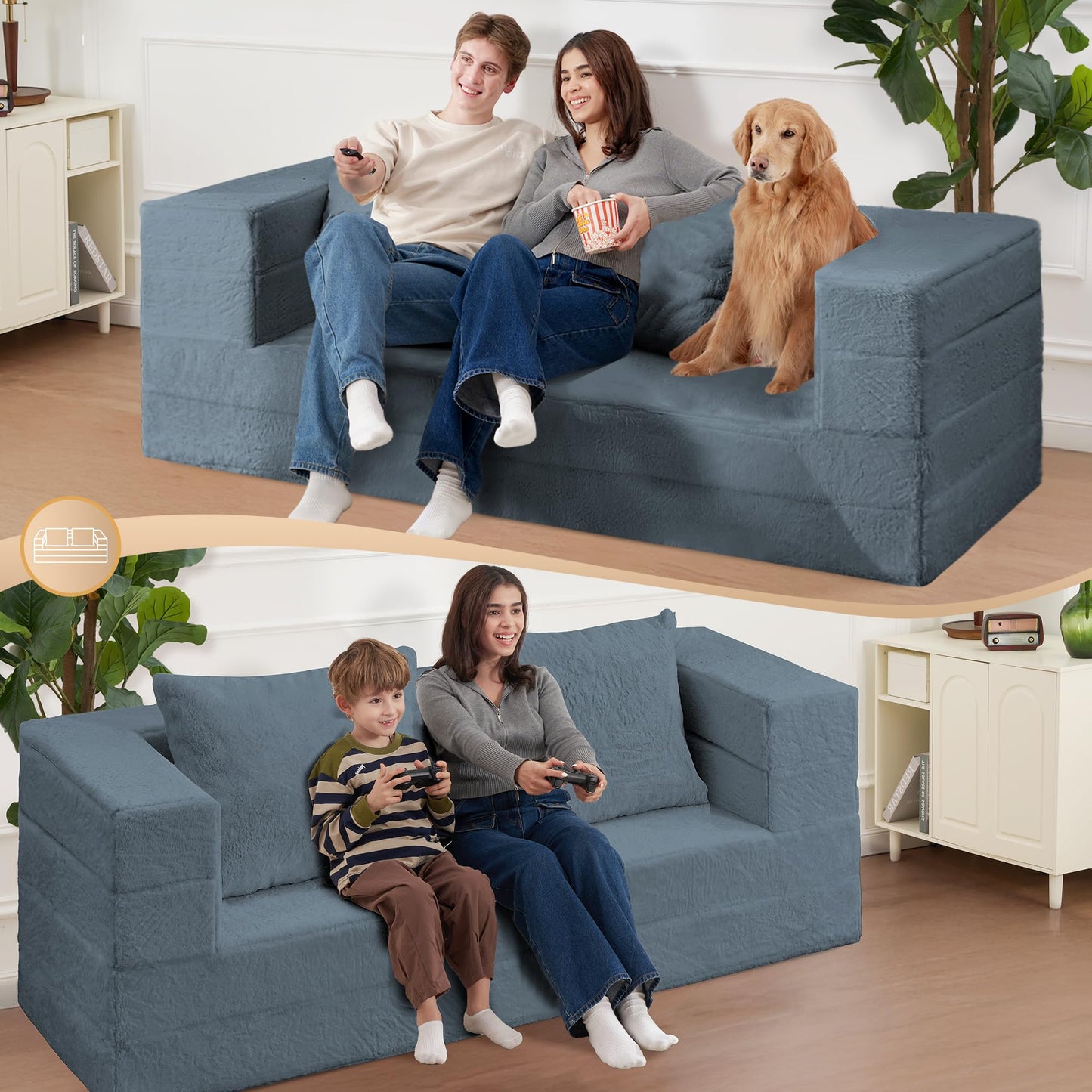 Cansunna Futon Sofa Bed with Pillow, 3-in-1 Sleeper Sofa Bed with Removable Cover, Convertible Floor Sofa Bed, No Assembly Boneless Couch for Living Room, Bedroom