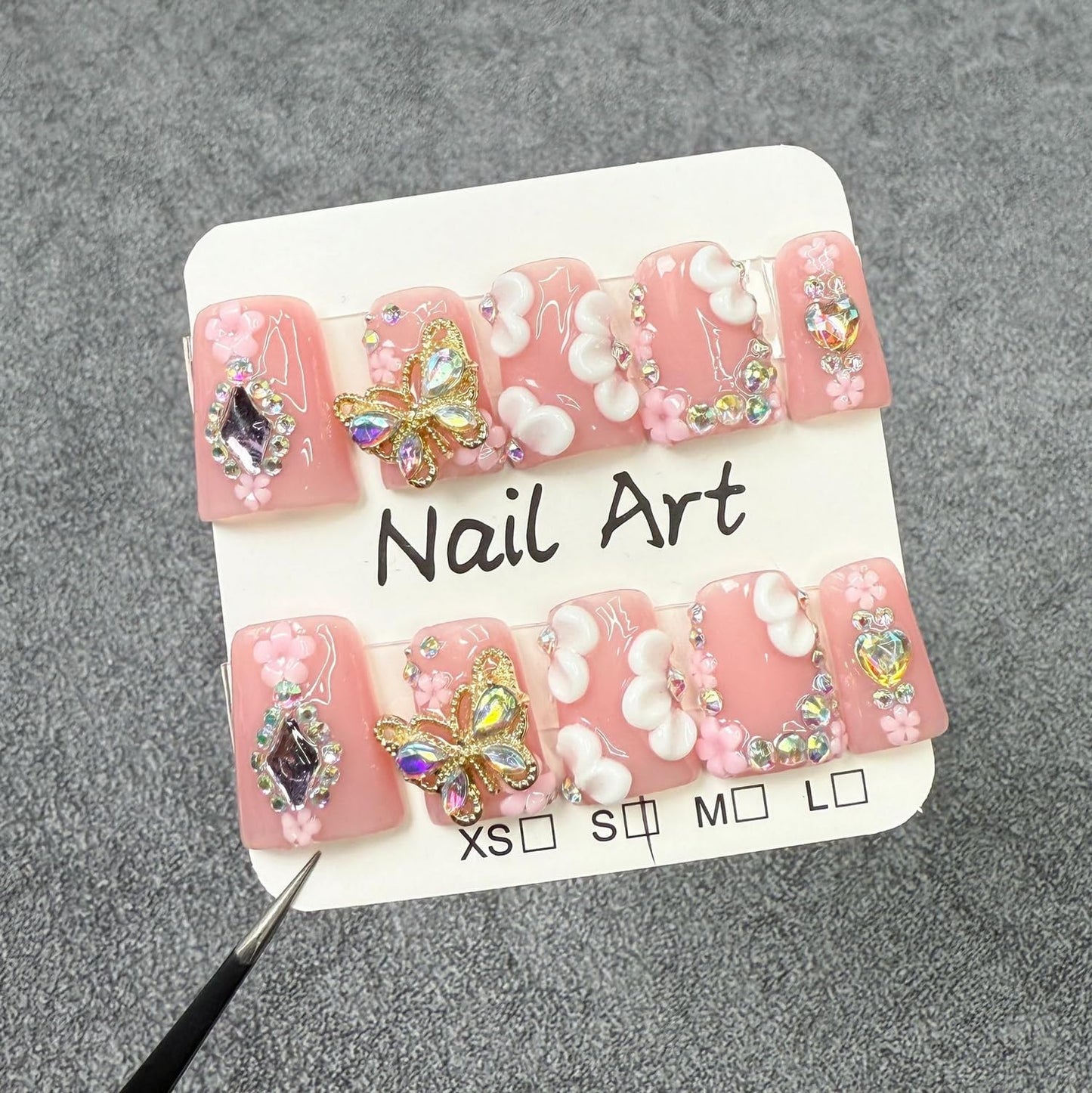 Handmade Press on Nails Butterfly Press on Nails Short Duck Shaped Fake Nails Rhinestones Acrylic Nails Full Cover Reusable Flower False Nails for Women Girls Nail Accessories (Size M)