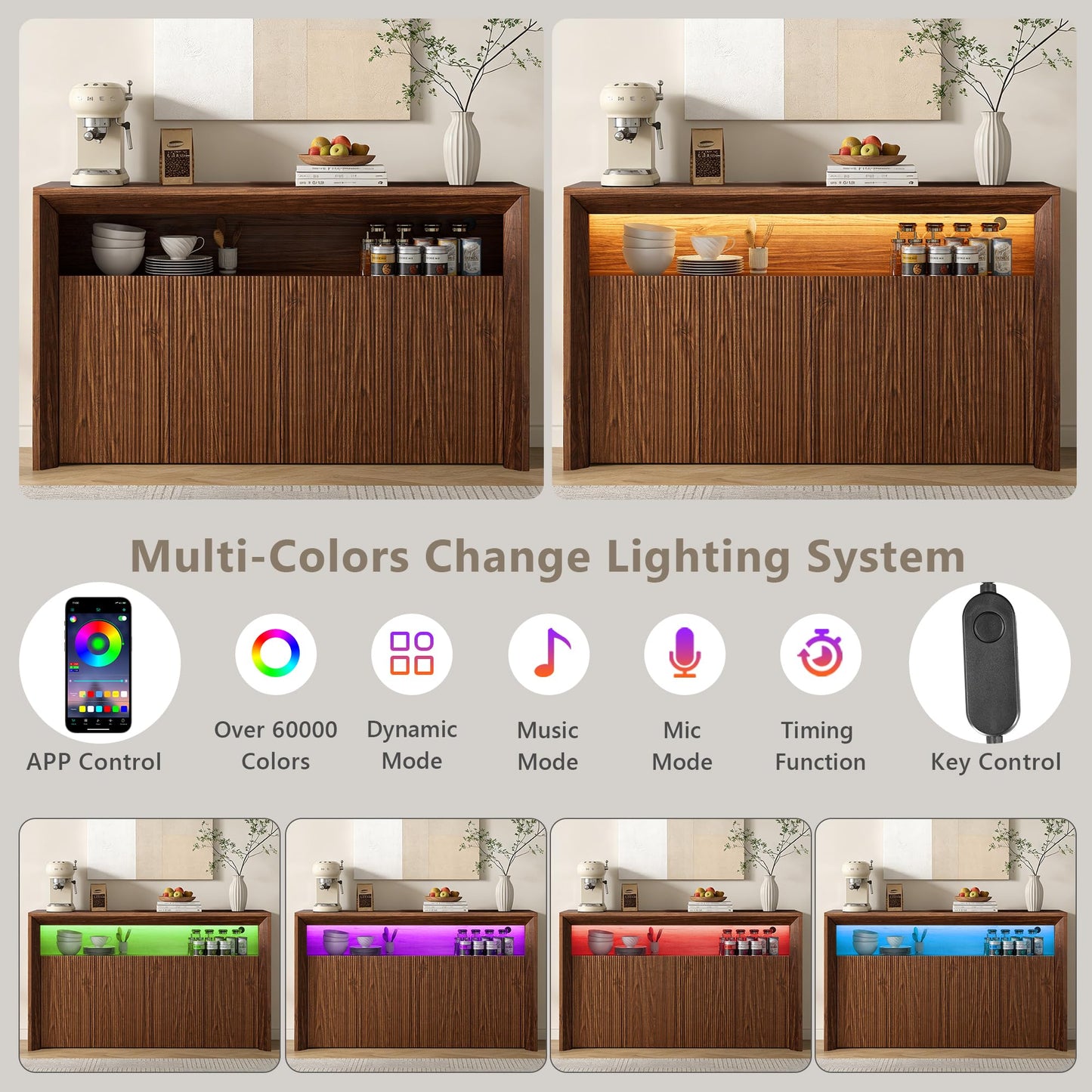 Feonase 66.2" Buffet Cabinet with Storage & Led Lights, Modern Sideboard Cabinet with 4 Doors & Shelves, Fluted Media Console Mid Century, Coffee Bar Table for Living Room Kitchen Dining Room, Walnut