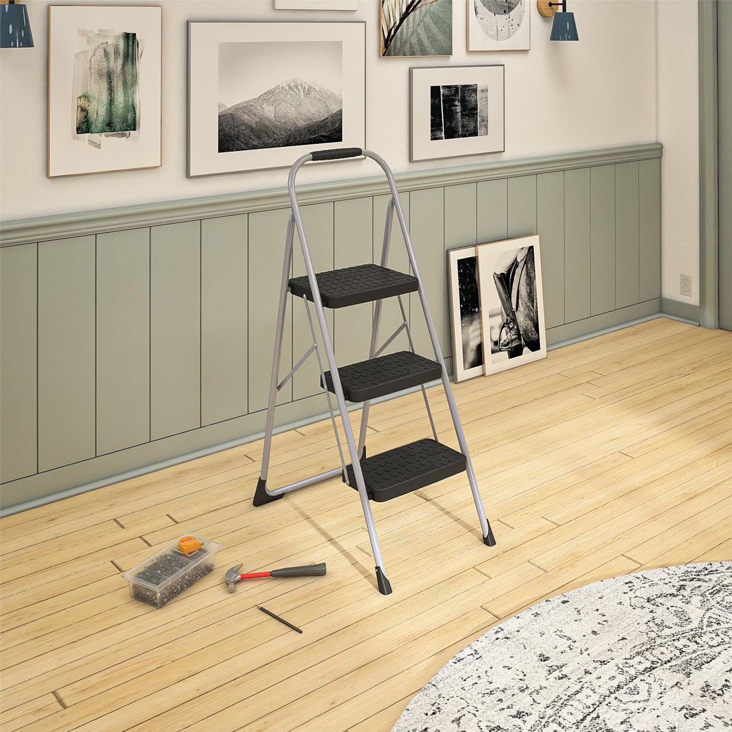 Cosco 11408PBL1E Three Step Big Step Folding Step Stool with Rubber Hand Grip, Grey