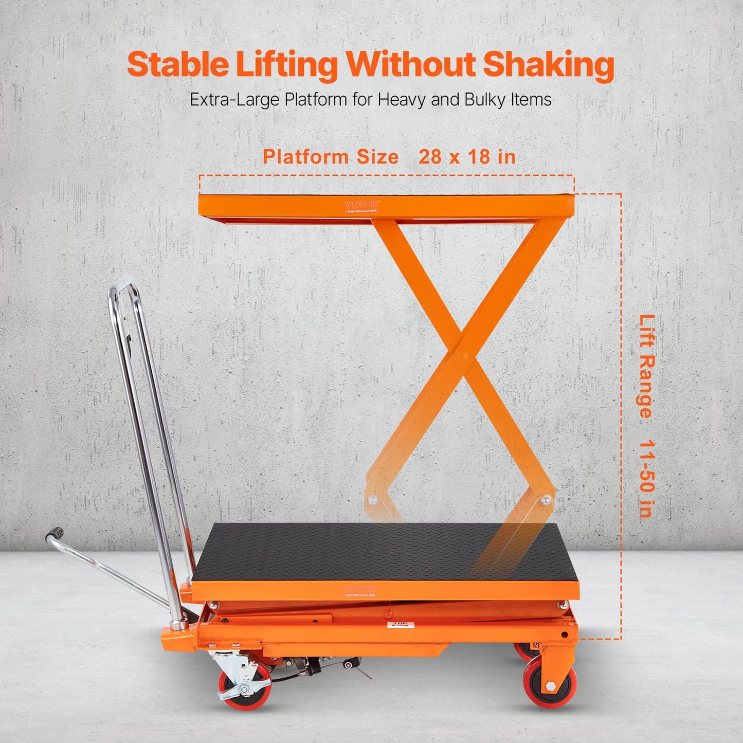 VEVOR Hydraulic Lift Table Cart, 330lbs Load Capacity 50 Inch Lifting Height, Manual Single Scissor Lift Table with Non-Slip Pad and 4 Wheels, Alloy Steel, Orange