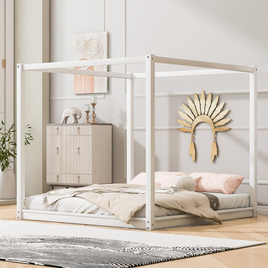 Merax Wooden Canopy Platform Bed Frame King Size Floor Bed/Mattress Foundation with Slat Support White