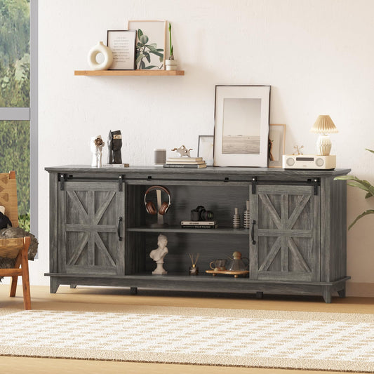 GarveeLife 66 in Farmhouse Sideboard Buffet Cabinet with Power Outlets, Entertainment Center with Sliding Barn Door & Large Storage Cabinets w/Adjustable Shelf, 28 in Tall TV Media Console, Dark Grey