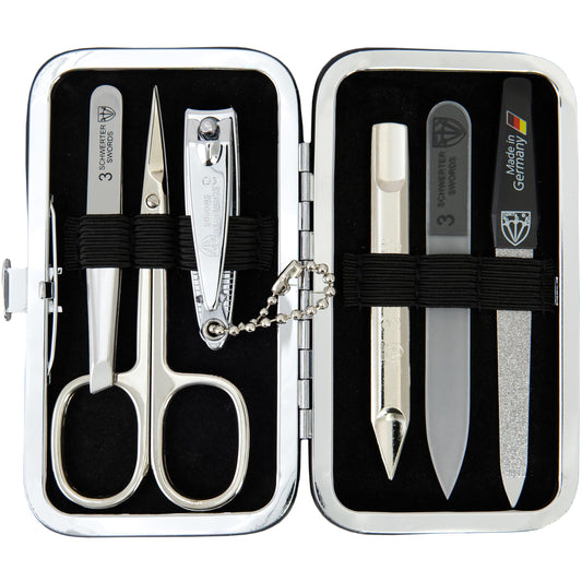 3 Swords Germany - Brand Quality 6 piece Manicure Pedicure Grooming kit Set - Scissors, Metal and Glass Nail File, Clipper, Tweezers with Synthetic Leather case - Black
