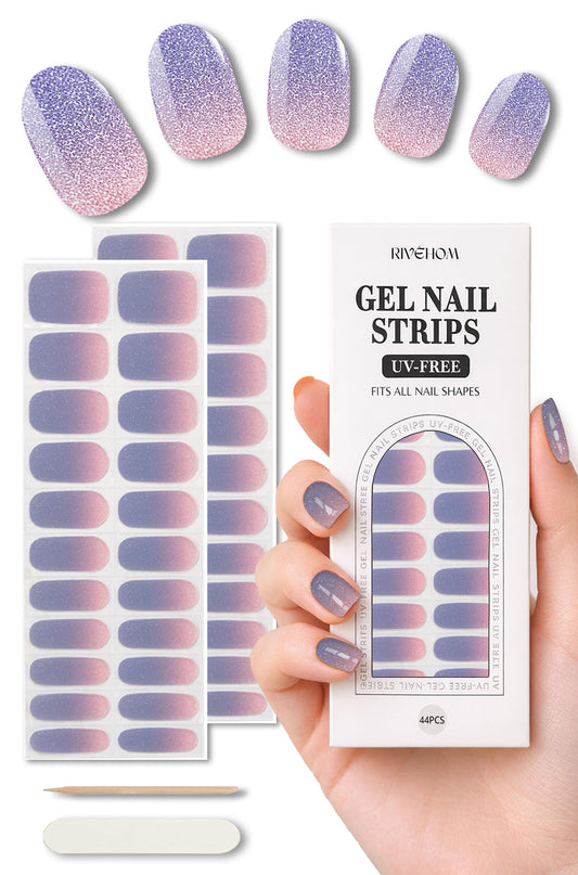 Gel Nail Strips 44Pcs, No UV/LED Lamps Needed, Pre-Cured Nail Stickers for Women Salon Quality, Polish Wraps Long Lasting, Easy Apply & Remove (Blue Purple Shine)