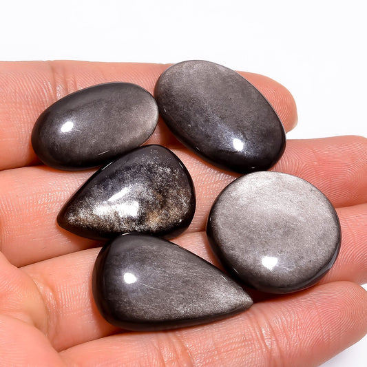 Natural Silver Obsidian Gemstone- Healing Crystals for DIY Jewelry Making -Loose Natural Cabochon -Perfect for Crafting Unique Jewelry Designs (5 pcs, 25-35 mm)