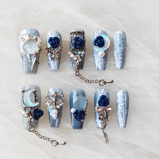 GLORS Handmade Press On Nails, 3D Blue Rose Design with Moon Charms, Long Coffin Style, 10 Pieces (Small,LB)
