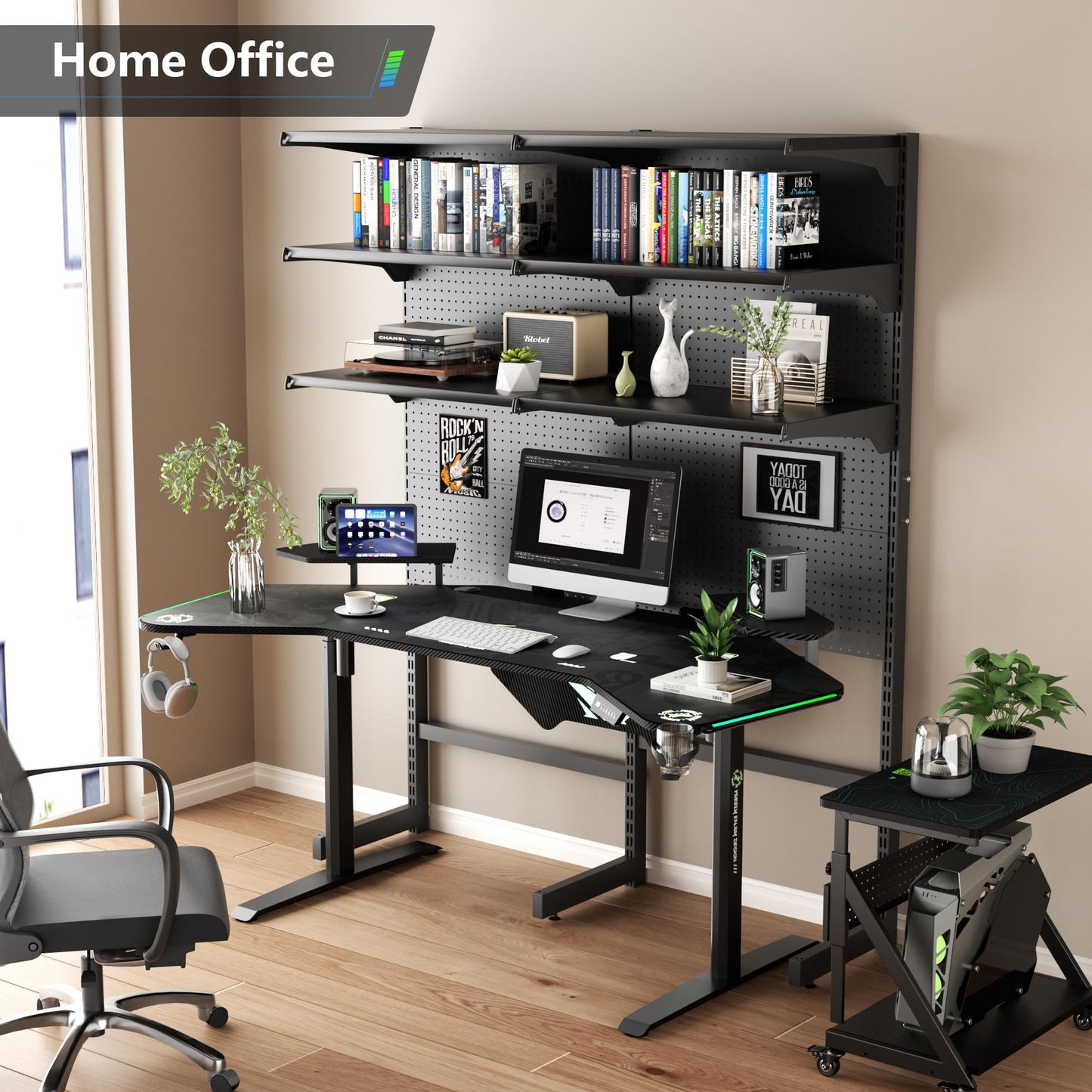 Klobel 72" Standing Gaming Desk with Dual Motor, Wing-Shaped Computer Desk with Full Coverage Mouse Pad, Electric Height Adjustable Standing Desk with RGB LED Lights and Slot Design Shelves